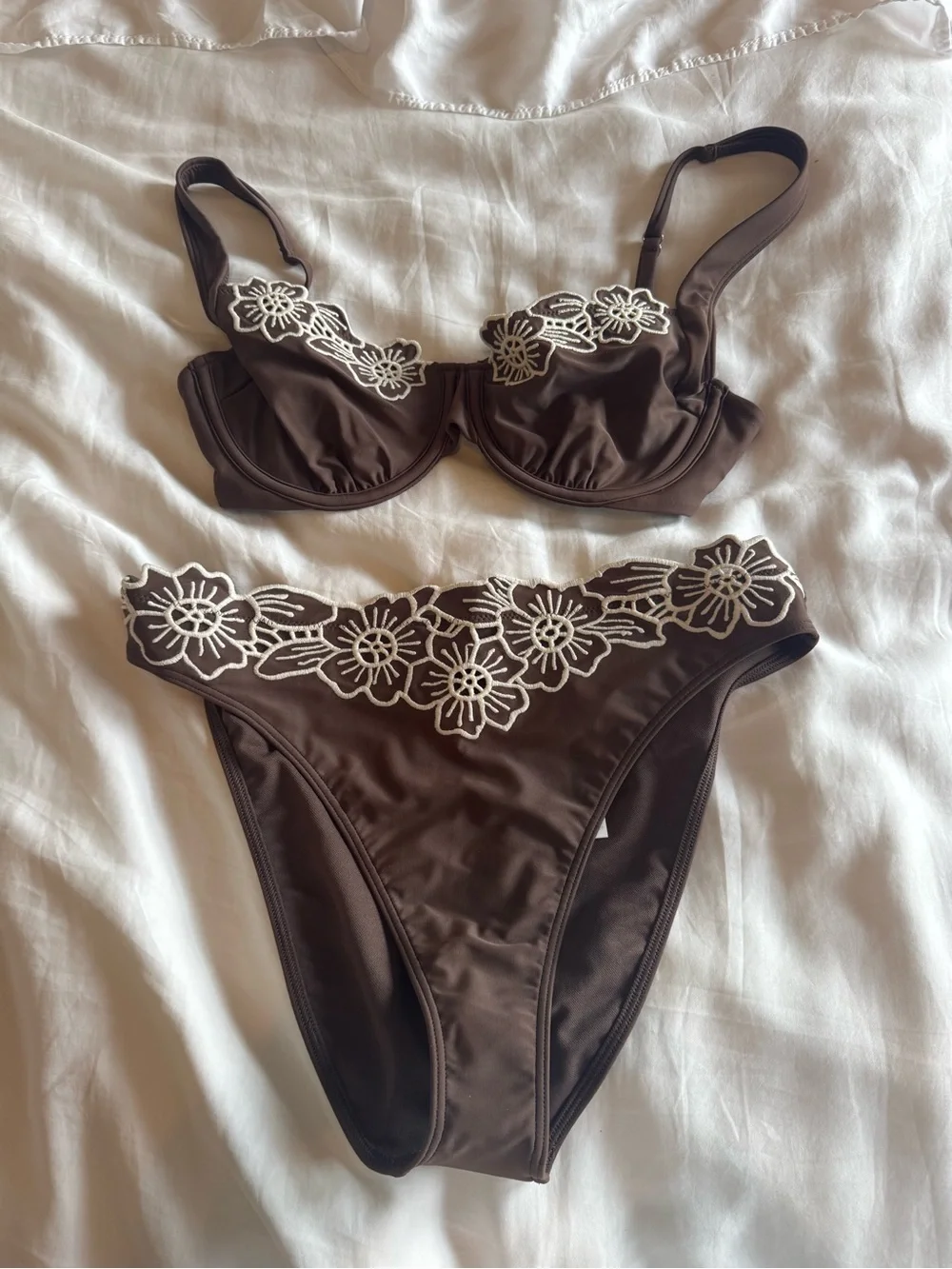 Abercrombie & Fitch Brown Bikini Set with White Floral Appliqué